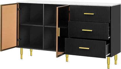 Modern Sideboard MDF with Marble Sticker Tabletop and Amber-Yellow Tempered Glass Doors,Freestanding Buffet Storage Cabinet,W/Gold Metal Legs & Handles,for Dining Room,Kitchen,Black, 60" - LeafyLoom