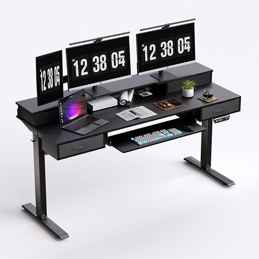 Electric Standing Desk, Multifunctional Standing Desk Adjustable Height, 63 * 24 Standing Desk with 4 Drawers, Ergonomic Adjustable Standing Desk with Keyboard Tray, Classic Black - LeafyLoom