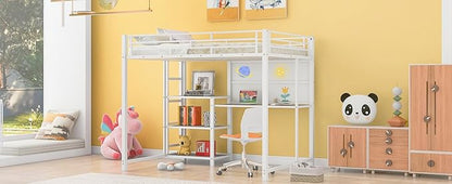 RITSU Full Size Loft Bed, Heavy Duty Metal Bunk Bedframe with Desk and Whiteboard, Safety Guardrail Fence & Ladder, 3 Big Storage Shelves, for Kids, Teens, White - LeafyLoom