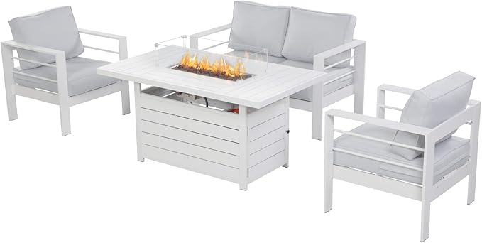 Wisteria Lane Aluminum Patio Furniture Set, 4 Piece Metal Outdoor Furniture Set with CSA Certified 54in Propane Gas Fire Pit Table, Patio Conversation Set with 5in Olefin Cover Cushions (White) - LeafyLoom