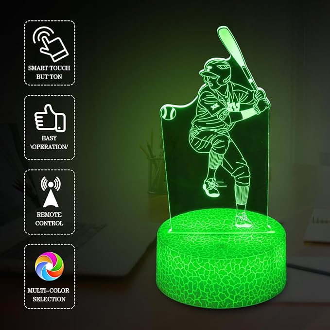 Baseball Night Light,Baseball Gifts for Boy, 3D Baseball Lamp,Kids Bedside Lamp,16 Color Change Decor Lamp with Remote & Smart Touch, Gifts for Christmas Birthday Boys Men Girls - LeafyLoom