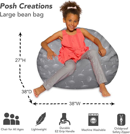 Posh Creations Bean Bag Chair for Kids, Teens, and Adults Includes Removable and Machine Washable Cover, Canvas White Dandelions on Gray, 38in - Large - LeafyLoom