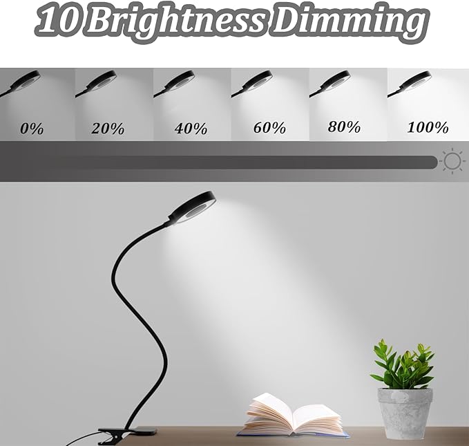 KBG Desk Lamp Clip on Light, 3 Color Modes & 10 Brightness Flexible Gooseneck Desk Lamp, Eye Protection Desk Light for Kids Reading Book in Bed at Night Clip on Table, Computer, Zoom Meetings - LeafyLoom