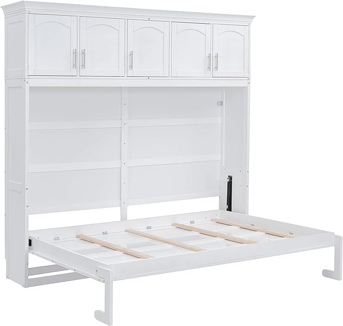 Merax Farmhouse Solid Wood Murphy Bed Chest with Top Cabinets, Storage Wall Platform Bed with Wood Slat Support/Space Saving Queen,White - LeafyLoom