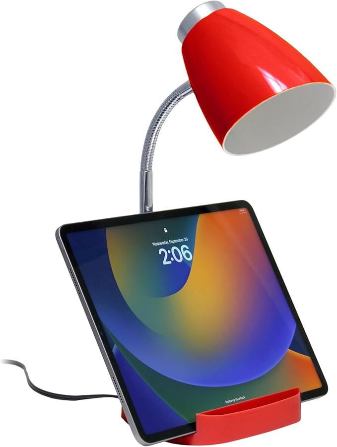 Simple Designs LD1067-RED Compartmental Desk Lamp with iPhone/iPad/Tablet Stand, Bendable Gooseneck, for Office, Living Room, Nightstand, Library, Entryway, Red - LeafyLoom