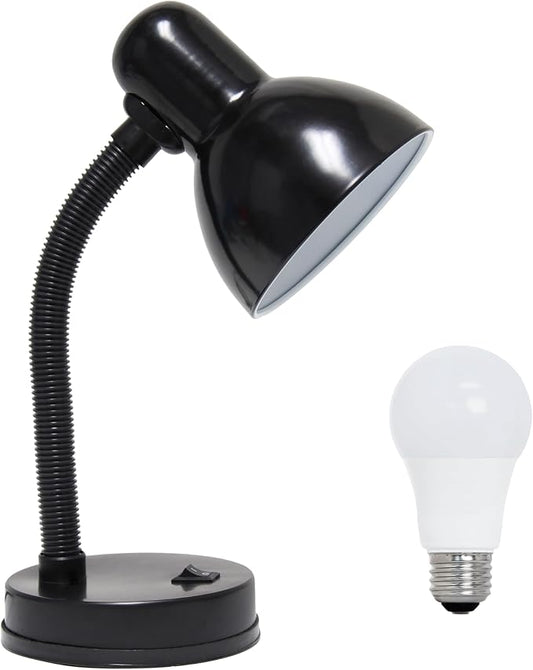 Simple Designs LD1003-BLK-LB 14.25" Basic Metal Desk Lamp with Flexible Hose Neck for Office, Living Room, Bedroom, College Dorm, Bookshelf, Black, with Feit LED Bulb Included - LeafyLoom