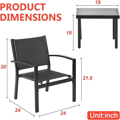 FDW 3 Pieces Patio Furniture Set, Outdoor Garden Patio Conversation Sets with Glass Top Table & 2 Lawn Chairs Outdoor Bistro Set, for Backyard Lawn Porch Garden Poolside Balcony - LeafyLoom