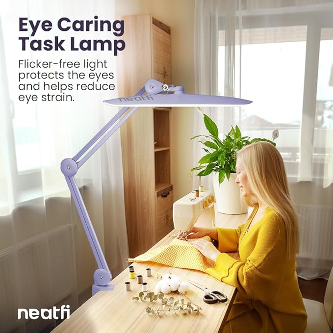 Neatfi XL 2,200 Lumens LED Task Lamp, 24W Super Bright Desk Lamp, 117 Pcs SMD LED, 4 Level Brightness, Dimmable, Task LED Light for Home, Office, Workbench (Non-CCT, Lavender) - LeafyLoom