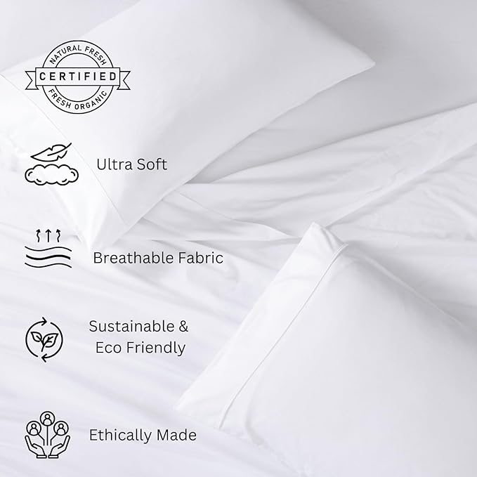 LANE LINEN 100% Organic Cotton Full Size Bed Sheets, Super Soft Long Staple Cotton Bed Sheets Full Size, Percale Weave Bedding Sheets and Pillowcases - White Full Sheet Set Fits 15" Deep Mattress - LeafyLoom