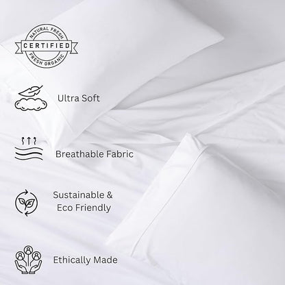 LANE LINEN 100% Organic Cotton Full Size Bed Sheets, Super Soft Long Staple Cotton Bed Sheets Full Size, Percale Weave Bedding Sheets and Pillowcases - White Full Sheet Set Fits 15" Deep Mattress - LeafyLoom