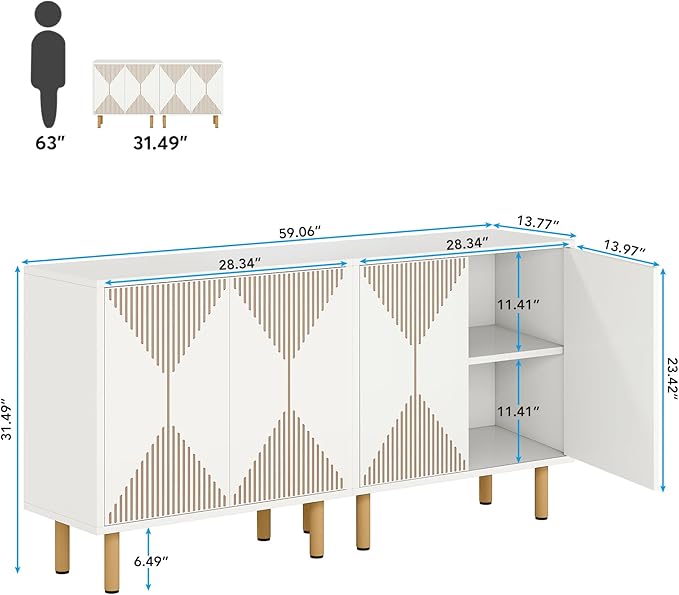 White Sideboard Buffet Cabinet, Modern Storage Cabinet with 4 Doors, Cupboard Console Table for Dining Room Living Room - LeafyLoom