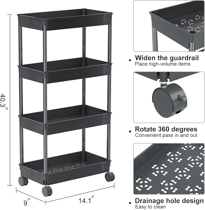 Sooyee 4 Tier Wide Storage Cart Mobile Shelving Unit Organizer Slide Out Storage Rolling Utility Cart Tower Rack for Kitchen Bathroom Laundry, Plastic & Stainless Steel,Black - LeafyLoom