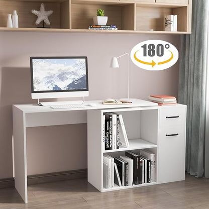 L-Shaped Rotating Computer Desk 68 inch with Storage Shelves Home Office Corner Desk with Drawers and File Cabinet Multipurpose Study Writing Table for Bedroom Small Space White - LeafyLoom