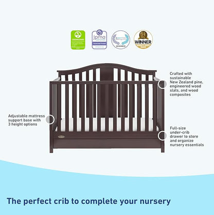 Graco Solano 4-in-1 Convertible Crib with Drawer (Espresso) – GREENGUARD Gold Certified, Crib with Drawer Combo, Includes Full-Size Nursery Storage Drawer, Converts to Toddler Bed and Full-Size Bed - LeafyLoom