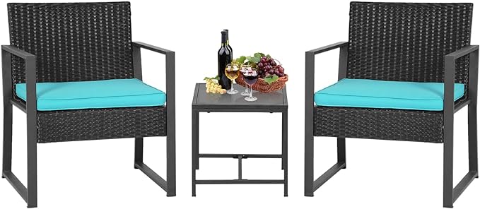 FDW 3 Piece Outdoor Bistro Set Patio Furniture Sets Wicker Patio Chairs Rattan Outdoor Furniture for Backyard Porch Poolside Lawn,Blue Cushion - LeafyLoom