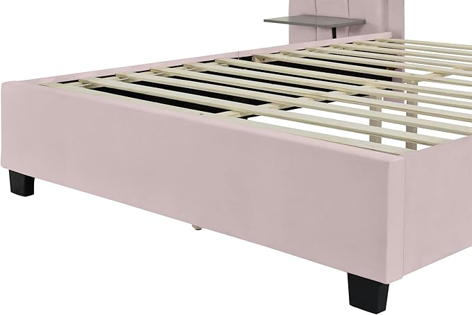 Queen Upholstered Platform Bed Frame with Extended Headboard and and Two Shelves, Velvet Bed, No Box Spring Needed, Pink - LeafyLoom