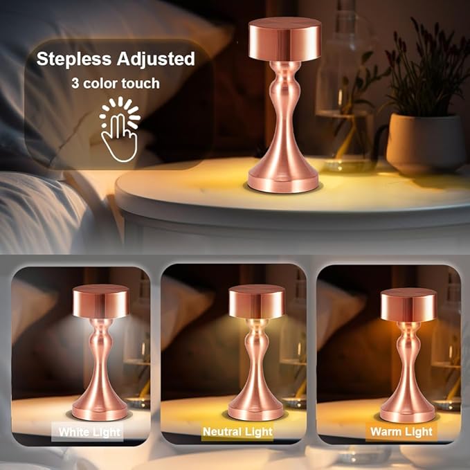 Portable Metal Desk Lamp, Cordless Metal LED Table Lamp,3 Color Touch Control Rechargeable Lamp,3-Levels Brightness Room Decor Desk Lamp,Bedside Lamp,Dining Room Lamp (Rose Gold) - LeafyLoom