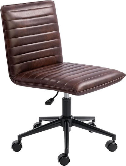 Furniliving Leather Home Office Chair, Armless Vanity Desk Task Chair with Wheels 360° Swivel Computer Rolling Desk Chair with Back, Adjustable Accent Chair with Base Stool - LeafyLoom