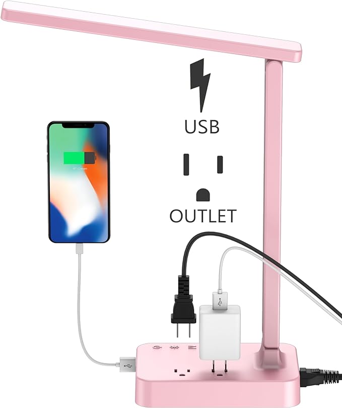 Drevet LED Desk Lamp, Desk Light with 1 USB Charging Port and 2 AC Power Outlet, 3 Lighting Modes, 3 Level Brightness,1H Timer, Touch Control, Eye-Caring Home Office Foldable Table Lamp (Pink) - LeafyLoom