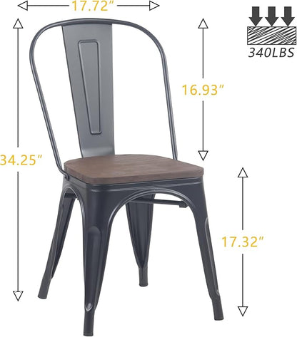 YOUNIKE Metal Dining Chairs Set of 4 Iron Stackable Removable Back Wood Seat Patio Chairs Rubber Feet Stylish Modern Indoor Outdoor Classic Chic Industrial Vintage Bistro Kitchen Matte Black - LeafyLoom