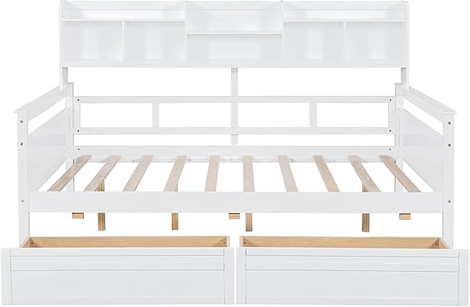 Merax Full Wood Daybed with Bedside Shelves and Two Drawers Sofa Bed Frame for kids Boys Girls/No Box Spring Needed White - LeafyLoom