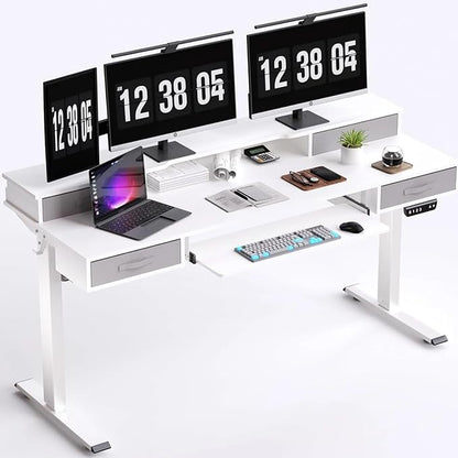 Electric Standing Desk, Multifunctional Standing Desk Adjustable Height, 63 * 24 Standing Desk with 4 Drawers, Ergonomic Adjustable Standing Desk with Keyboard Tray, Snow White - LeafyLoom