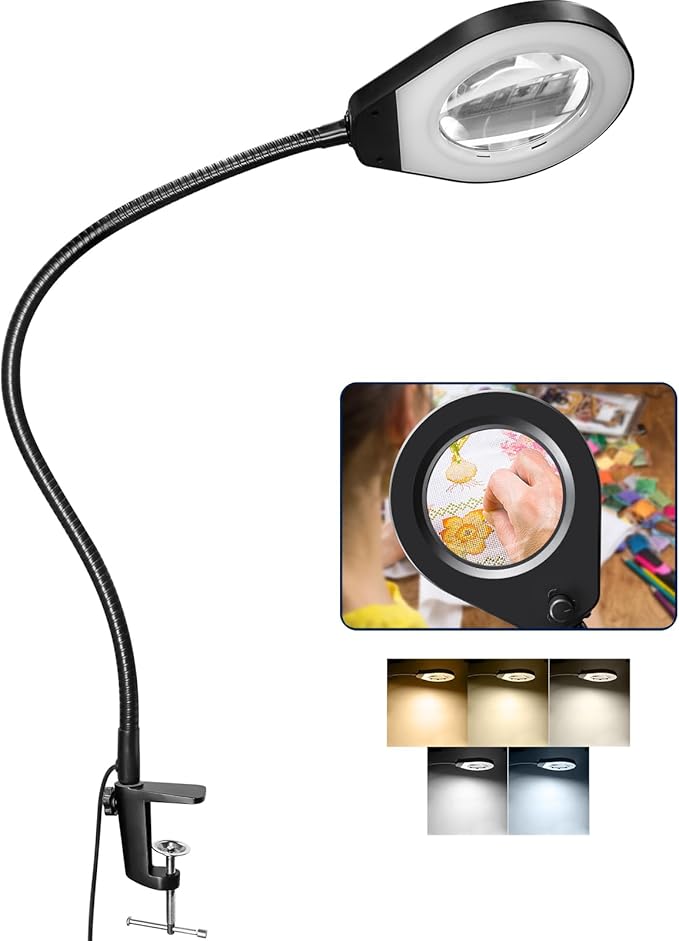 Magnifying with Light and 10X Real Glass Lens, Lighted in 5 Color Temperatures & 10 Dimmable Levels, Desk Edge Clip Mounted, Hands Free Positioning by 19.7' Gooseneck Arm - LeafyLoom