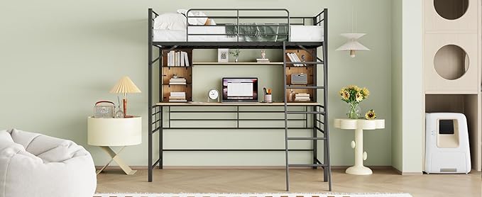 RITSU Twin Size Loft Bed with Desk and Storage Shelves, Metal BedFrame,w/Ladder & Fenced Around Guardrails, Easy Assembly, for Adults, Kids, Teens, Black - LeafyLoom