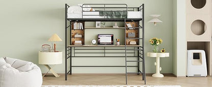 RITSU Twin Size Loft Bed with Desk and Storage Shelves, Metal BedFrame,w/Ladder & Fenced Around Guardrails, Easy Assembly, for Adults, Kids, Teens, Black - LeafyLoom