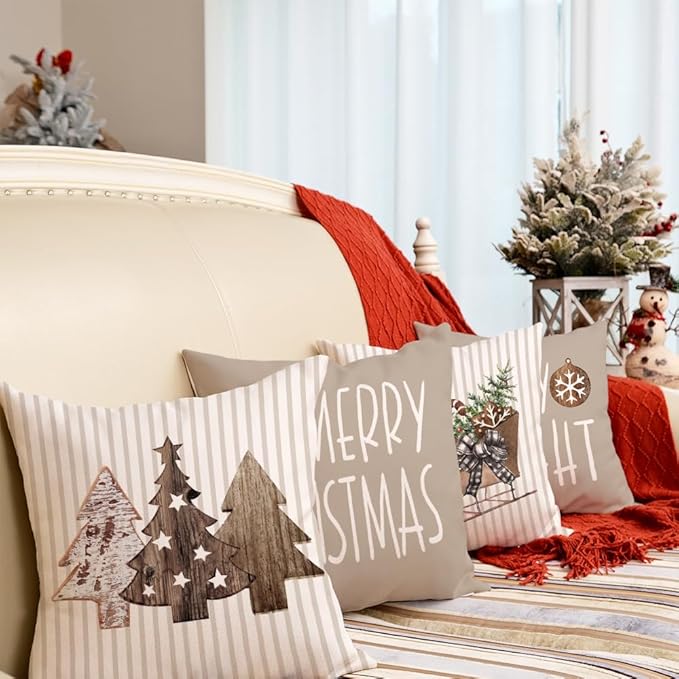 GEEORY Christmas Pillow Covers 16 x 16 Inch Set of 4, Striped Wooden Tree Snow Sleigh Merry Bright Xmas Holiday Decor Decorative Throw Cushion Case Decoration for Home Party Sofa Couch (Brown) GEEORY