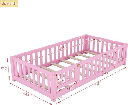 Multifunctional Twin Size Floor Bed with Safety Guardrails and Door, Removable Wood Slats, Montessori Beds Frame for Toddlers, for Boys and Girls, Pink - LeafyLoom