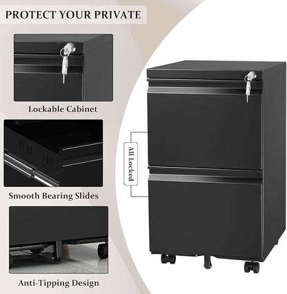 2-Drawer Mobile File Cabinets Rolling Metal Filing Cabinet for Legal & Letter File Anti-tilt Design with Lock Under Desk Office Drawers Fully Assembled Except Casters Black - LeafyLoom