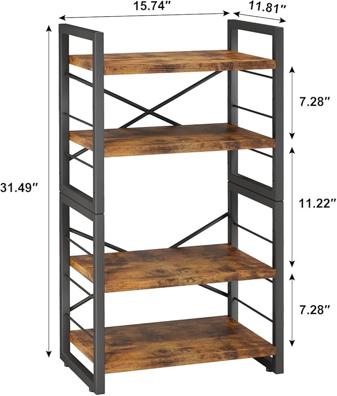 Bookshelf, 4 Tier Stackable Bookcase, Adjustable Industrial Book Shelf Storage Organizer for Desktop, Living Room, Bedroom, Office(Rustic Black and Brown) - LeafyLoom