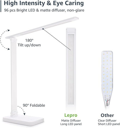 Lepro LED Desk Lamp with USB Charging Port Dimmable Home Office Touch Control Reading Table Lamp,3 Color Modes with 5 Brightness Level, School Dorm Room Essentials, Task Lamp, Sewing, Crafting, White - LeafyLoom