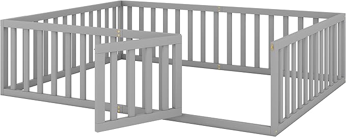 Multifunctional Queen Size Floor Bed with Safety Guardrails and Door, Montessori Sturdy Solid Wood Beds Frame, Easy Assembly and No Spring Need, for Boys and Girls Room, Gray - LeafyLoom