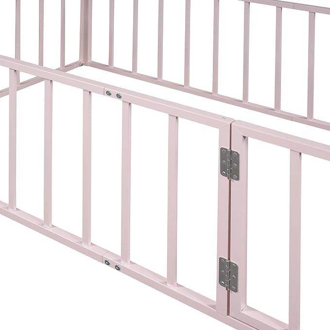 RITSU Twin Size Metal Floor Fence Bed, Montessori Bedframe, with Safety Guardrail and Door, for Children Bedroom, Boys Girls, Apartment, Strong & Durable, Easy to Assemble, Pink - LeafyLoom