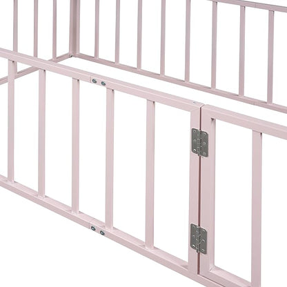 RITSU Twin Size Metal Floor Fence Bed, Montessori Bedframe, with Safety Guardrail and Door, for Children Bedroom, Boys Girls, Apartment, Strong & Durable, Easy to Assemble, Pink - LeafyLoom