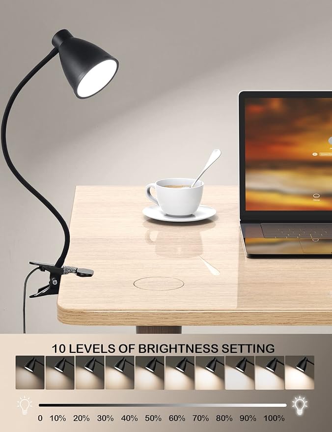 BOHON Desk Lamp 3 Color Modes 10 Brightness Dimmer Reading Light 10W 38 LED Clamp Lamp with Auto Off Timer 360° Flexible Gooseneck Clip on Light for Bed Bedside, AC Adapter Include - LeafyLoom