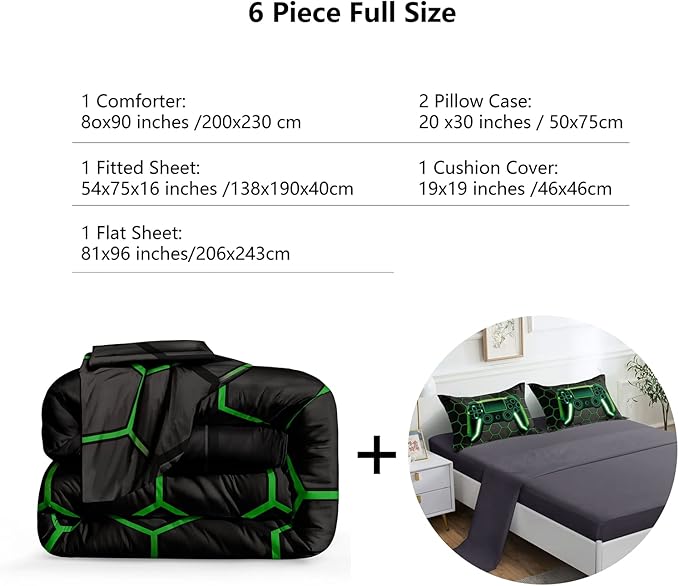 6 Pieces Gaming Bedding Set for Boys Gamer Comforter Set Full Size,Video Game Comforter for Kids Adult 3D Gaming Geometric Microfiber Bedding Sets 6 Pieces Bed in A Bag Sets H50021,Full - LeafyLoom