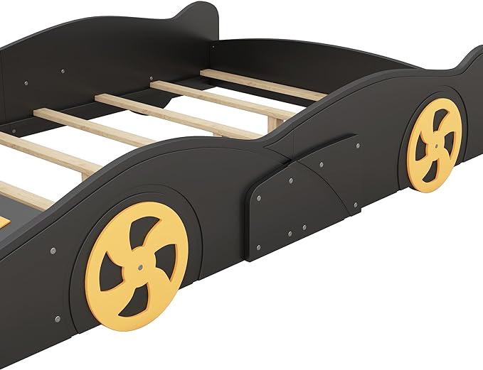 Full Size Race Car-Shaped Platform Bed with Wheels,Wooden Car Bedframe W/Storage Space,No Box Spring Required,for Boys Toddlers Kids Child's Bedroom,Black+Yellow - LeafyLoom