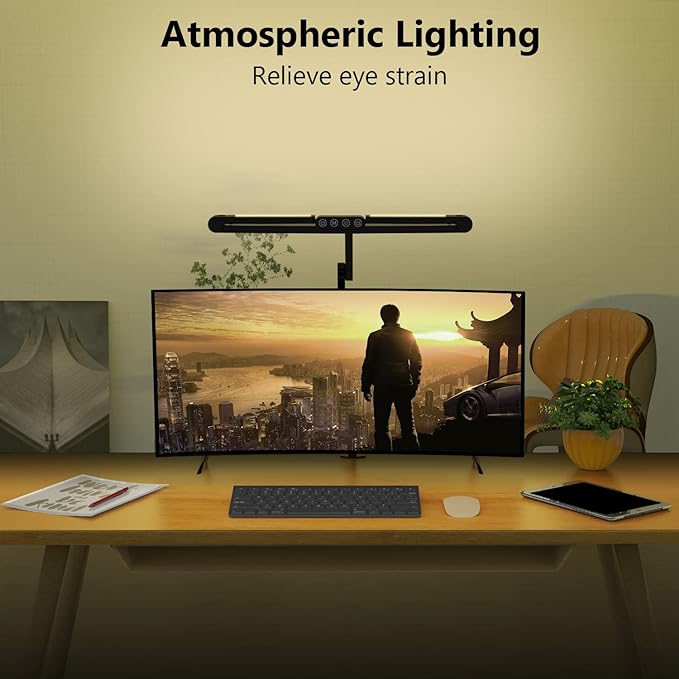 Micomlan Led Desk Lamp with Clamp, Architect Desk Lamp for Home Office with Atmosphere Lighting, 24W Ultra Bright Auto Dimming Desk Light Stepless Dimming and Tempering LED Table Light - LeafyLoom