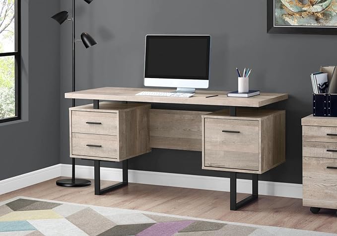 Monarch Specialties Computer Desk with Drawers - Contemporary Style - Home & Office Computer Desk with Metal Legs - 60"L (Taupe Reclaimed Wood Look) - LeafyLoom