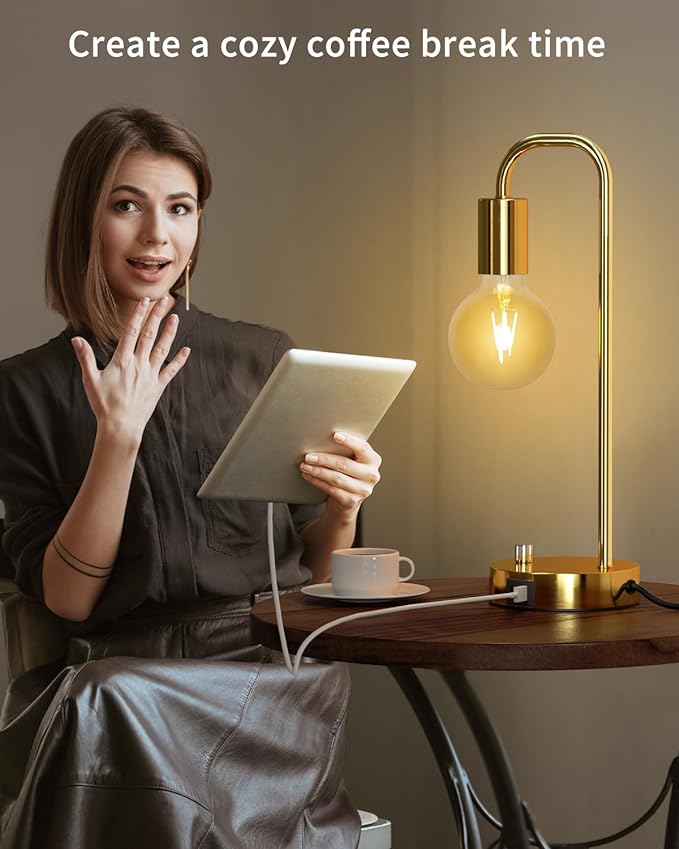 Industrial Table Lamp with 2 USB Port, Stepless Dimmable Nightstand Bedside Lamps for Bedroom,Desk Lamps with 2700K Gold Gradient Bulb for Reading Living Room - LeafyLoom