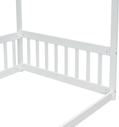 Twin Size Canopy Bed Frame with Guardrails for Kids,Floor Bed Twin with Four Poster Design,Kids Montessori Floor Bed,Wood Canopy Bed Frame for Girls,Boys(Twin,White) - LeafyLoom