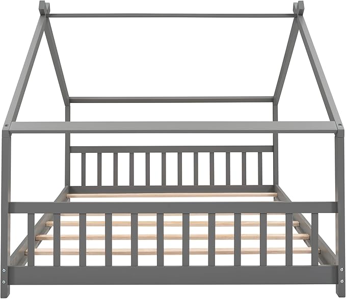 Montessori Floor Bed Frame Full Size, Full Floor Bed Frame with Headboard, Footboard and Slats, Wood Montessori Bed Frame/Montessori House Bed for Kids, Girls, Boys(Gray) - LeafyLoom