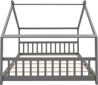 Montessori Floor Bed Frame Full Size, Full Floor Bed Frame with Headboard, Footboard and Slats, Wood Montessori Bed Frame/Montessori House Bed for Kids, Girls, Boys(Gray) - LeafyLoom