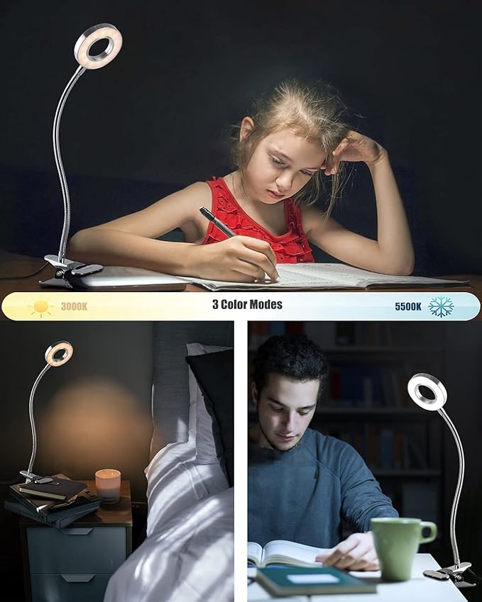 LED Reading Light, Dimmable Clamp Light for Bed Headboard, Bedroom, Office, 3 Modes & 9 Dimming Levels, Flexible Clip Desk Lamp, Adapter Included (Mattesilver) - LeafyLoom