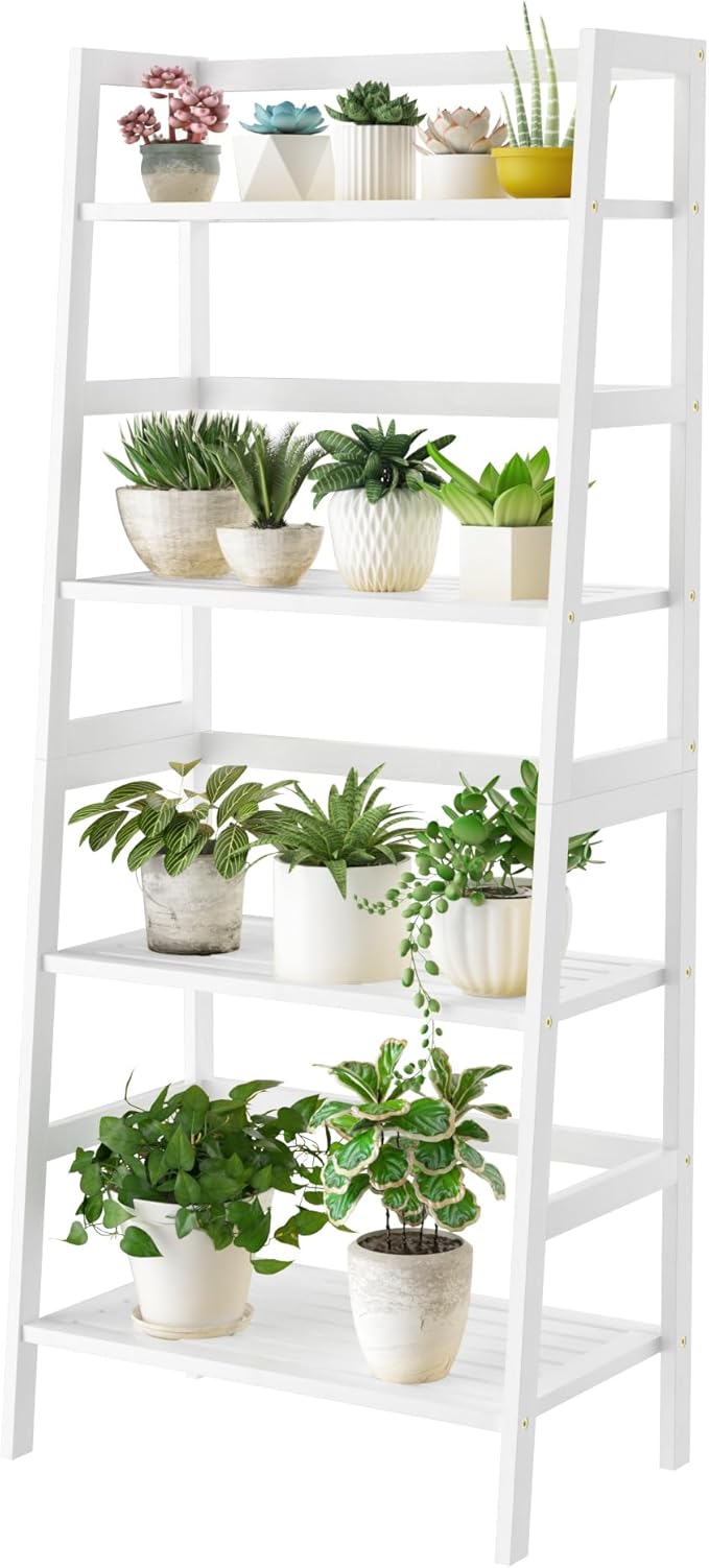 4-Tier Bamboo Bookshelf Ladder Shelf Book Shelf Bookcase Freestanding Storage Rack Plant Stand for Bedroom, Living Room, Bathroom, Small Space, Light white - LeafyLoom