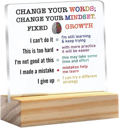 Growth Mindset Gift Change Your Words Change Your Mindset Clear Desk Decorative Sign Keepsake Present Positive Acrylic Plaque with Wooden Stand Sign Desk Decor for Home Office - LeafyLoom