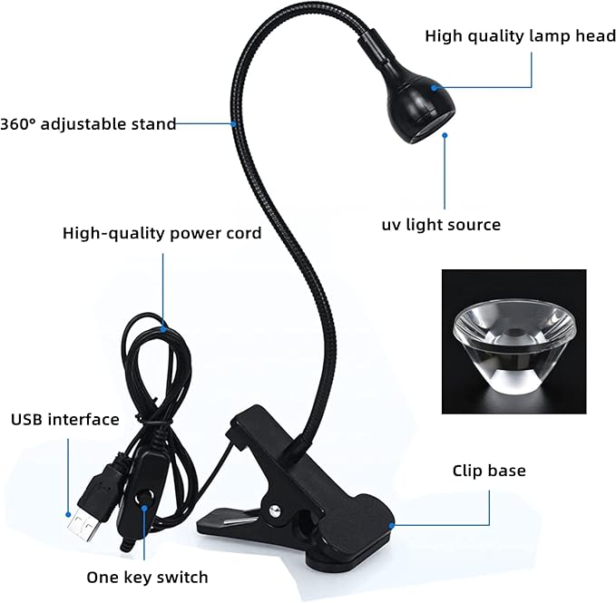 UV Nail Lamp, UV Light for Nails UV LED Light Fixtures with Gooseneck and Clamp Mini Desk Light Clamp Portable Gooseneck for Outdoor Stall Gel Nail Curing, 5V USB Input (Black,Round Head) - LeafyLoom